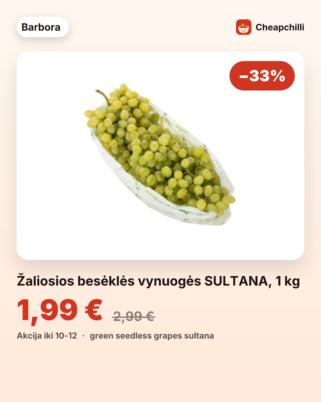 Žaliosios besėklės vynuogės SULTANA, 1 kg