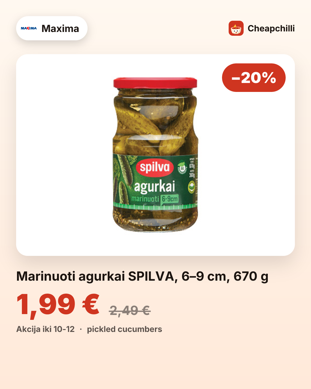 Marinuoti agurkai SPILVA, 6–9 cm, 670 g