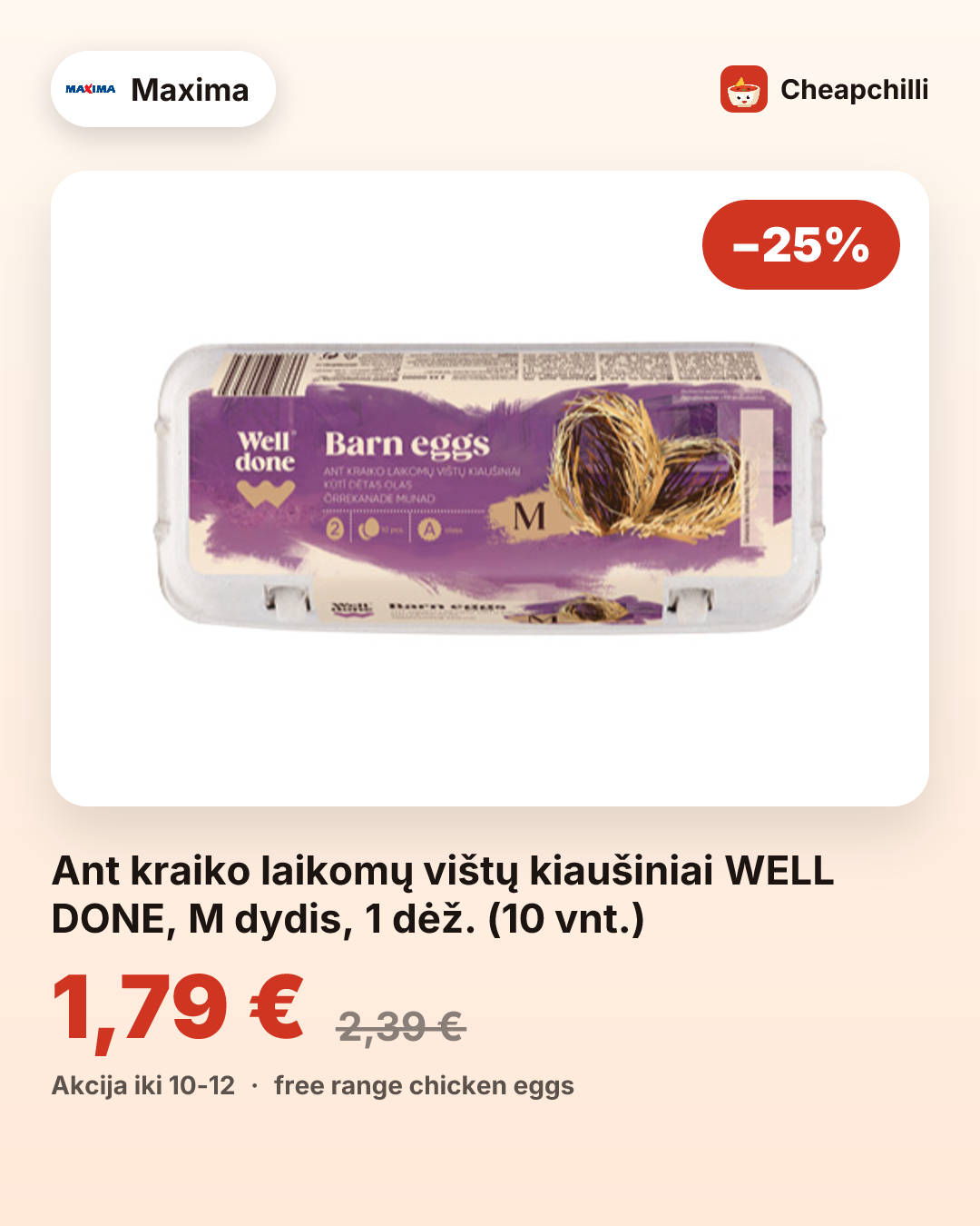 Ant kraiko laikomų vištų kiaušiniai WELL DONE, M dydis, 1 dėž. (10 vnt.)