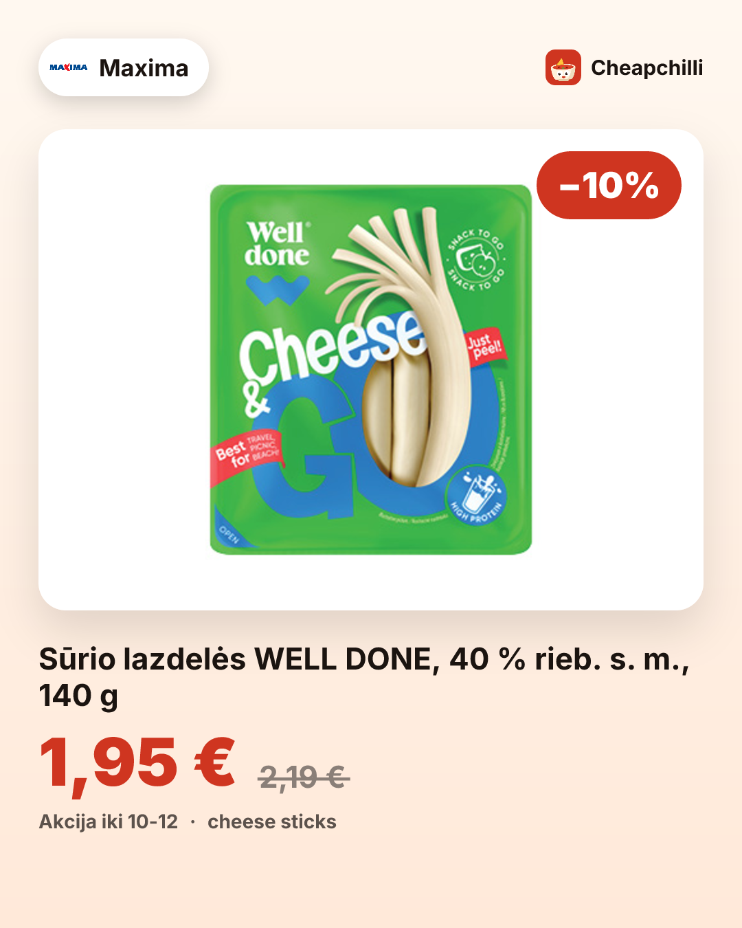 Sūrio lazdelės WELL DONE, 40 % rieb. s. m., 140 g