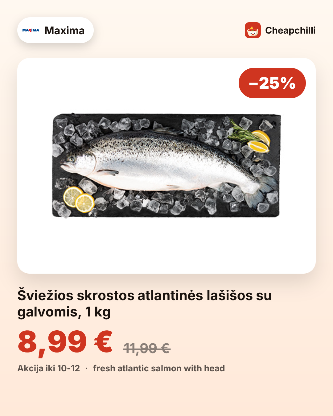 Šviežios skrostos atlantinės lašišos su galvomis, 1 kg