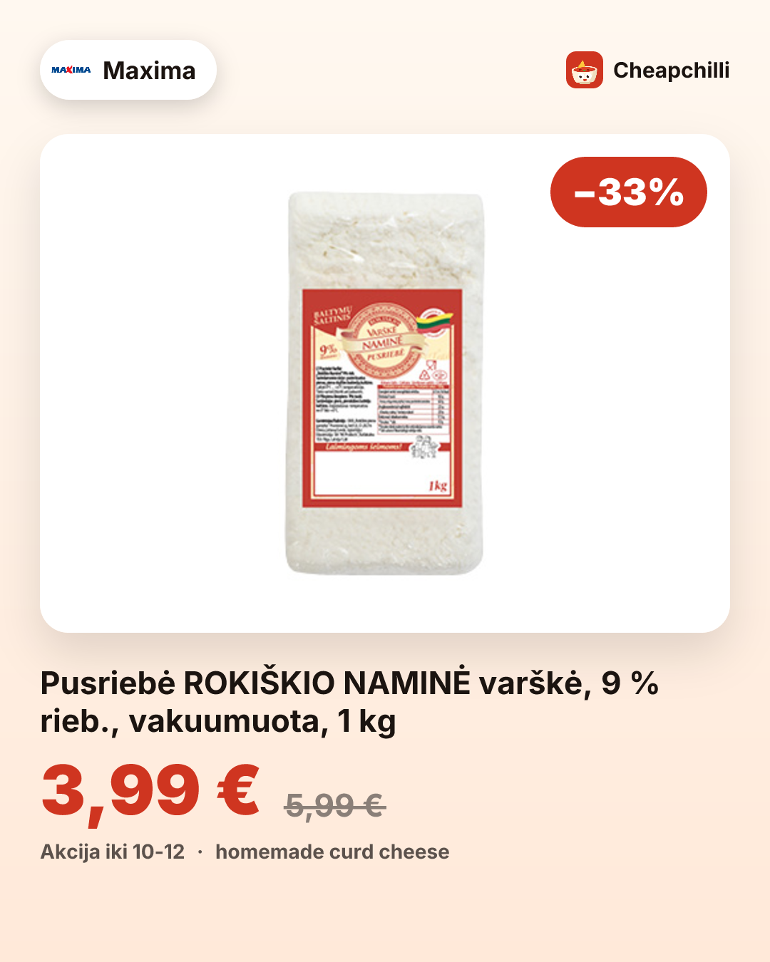 Pusriebė ROKIŠKIO NAMINĖ varškė, 9 % rieb., vakuumuota, 1 kg