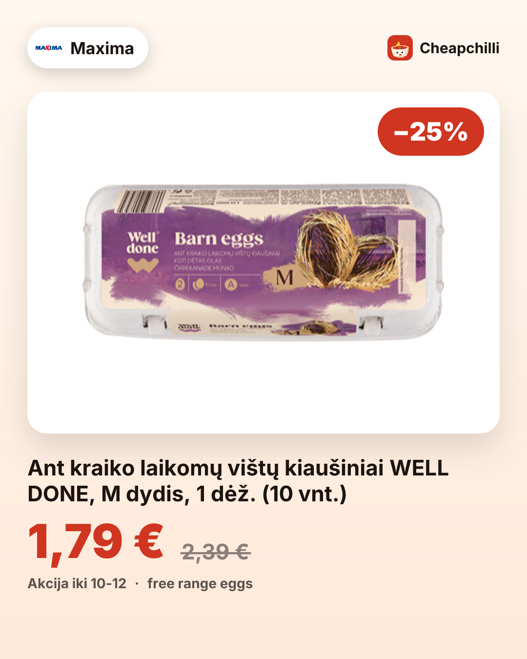 Ant kraiko laikomų vištų kiaušiniai WELL DONE, M dydis, 1 dėž. (10 vnt.)